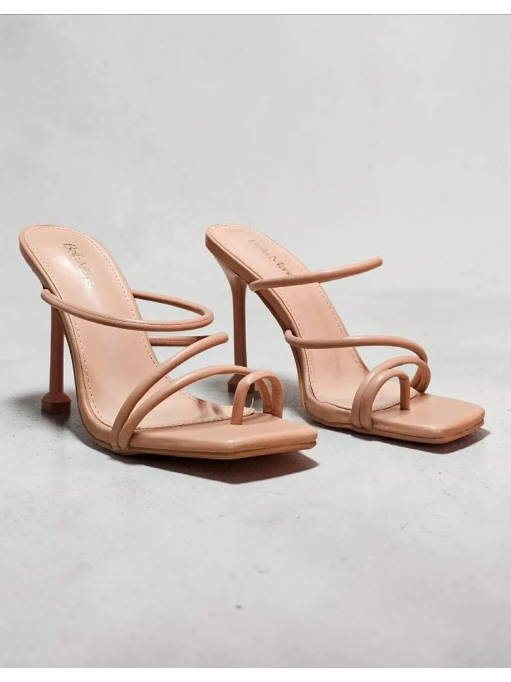 Strappy Nude Stiletto Heel Sandals With Open-Toe Square Design For Women - Picture 8 of 13